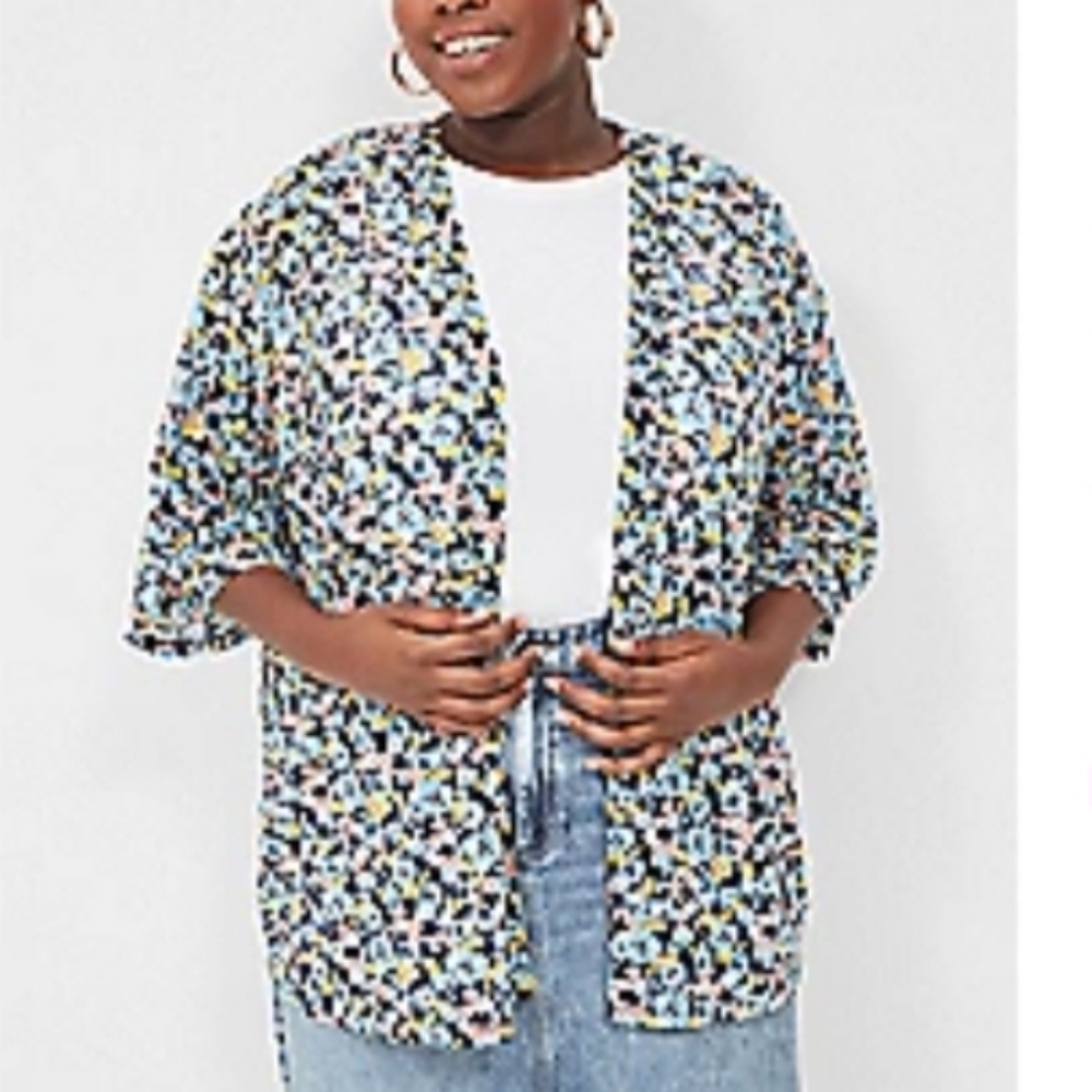 Floral Kimono-Sleeve Open-Front Top